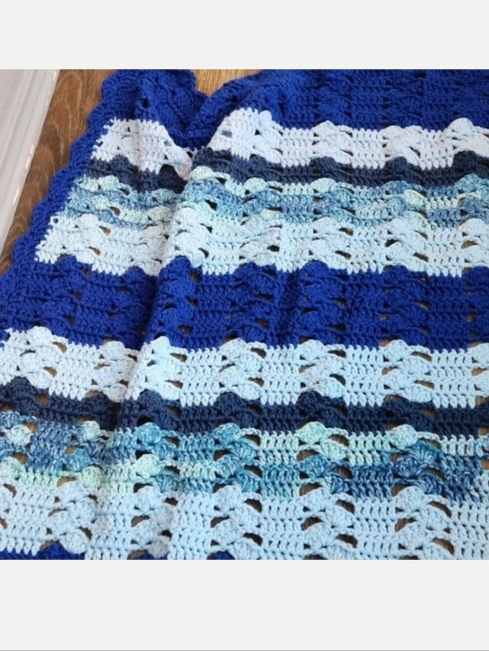 Knitted Crocheted Throw Blanket Blue Stripes